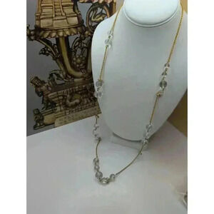 J Crew Clear Glass Bead Necklace Goldtone Chain Pearl Beads Long Length Womens
